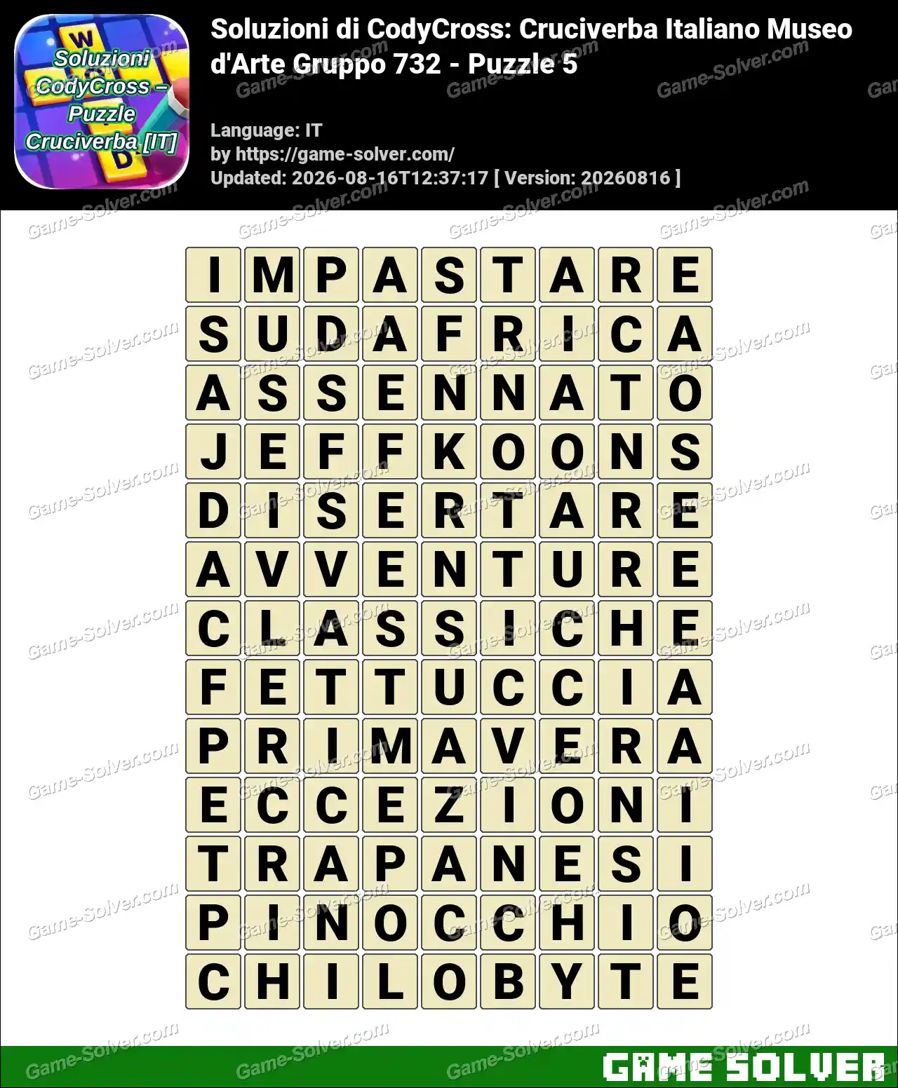 Soluzioni di CodyCross: Cruciverba Italiano Museo d’Arte Gruppo 732 – Puzzle 5